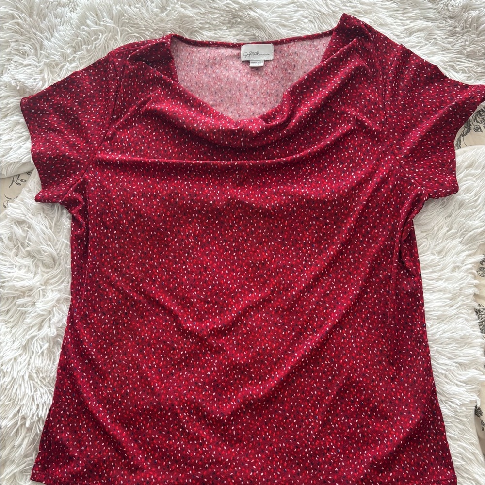Jaclyn Smith Red Cowl Neck Speckled Short Sleeve Top Size L Soft Stretch